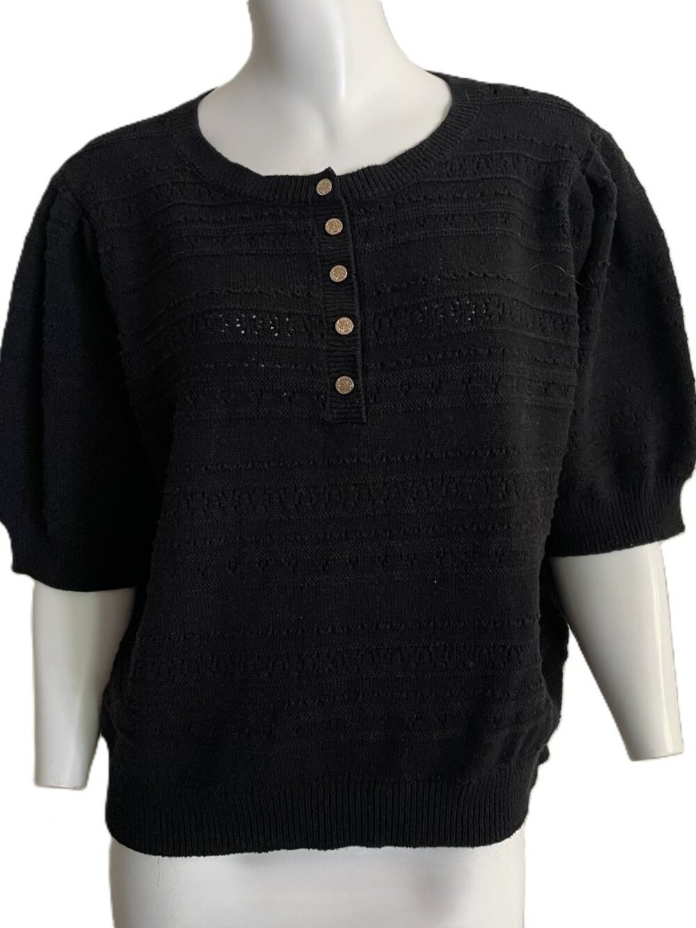 Draper James Sweater Short Sleeve Women's XXL Black Puff Sleeve Knit Top Buttons